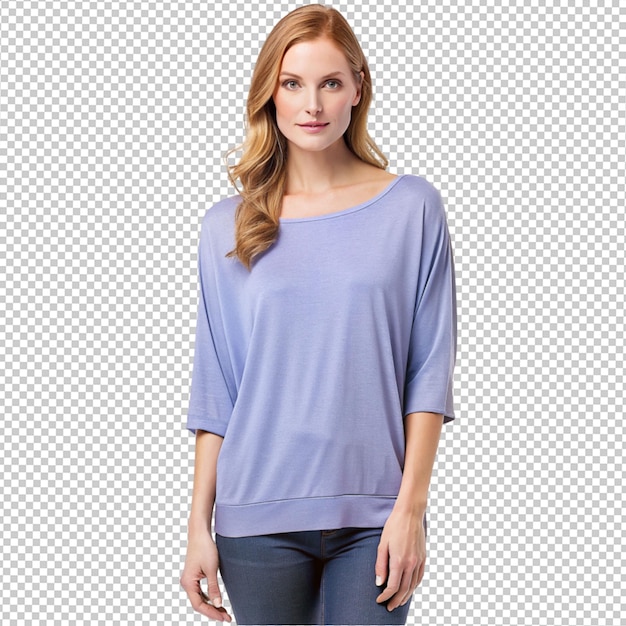 PSD dolman sleeve top woman wearing a periwinkle on transparent background