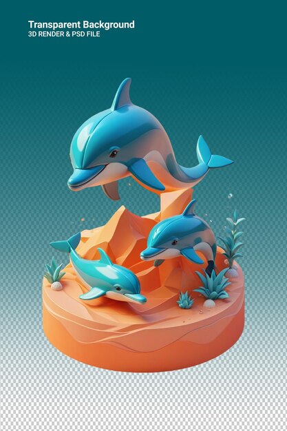 A dolphin and dolphins on a round base with plants and water