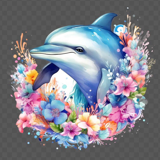 Un delfino e dei fiori sono in cerchio