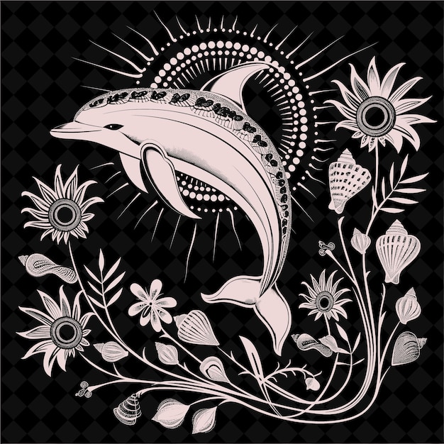 PSD 장식용 조개와 빛을 가진 돌고래 민속 예술 크리에이티브 아웃라인 아트 프레임 컬렉션