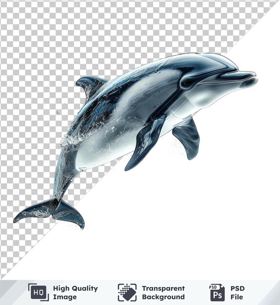 PSD dolphin jumps with black fin above white sky