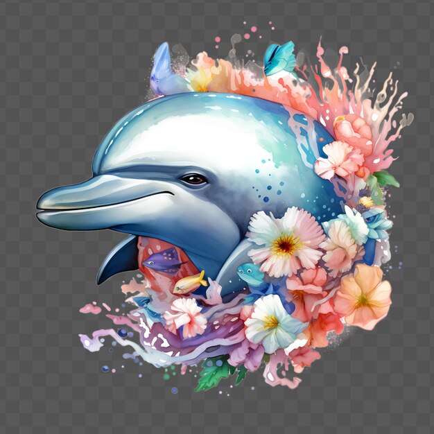 Un delfino con una camicia e fiori sullo sfondo