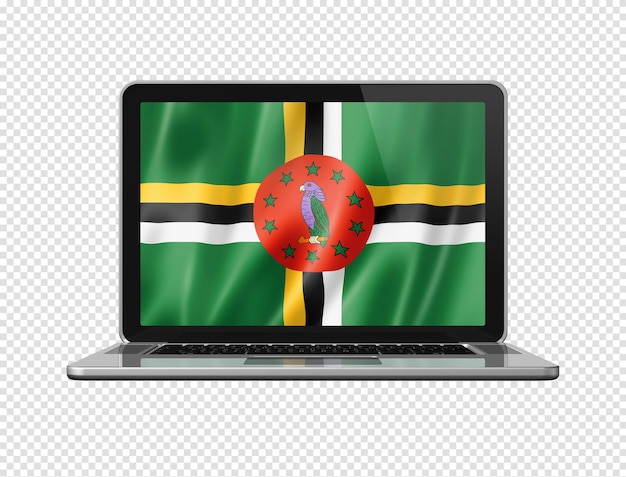 Флаг Доминики на экране ноутбука изолирован на белой 3D иллюстрации