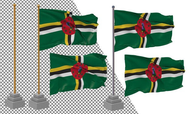 Dominica Flag Waving Different Style With Stand Pole Isolated 3D Rendering