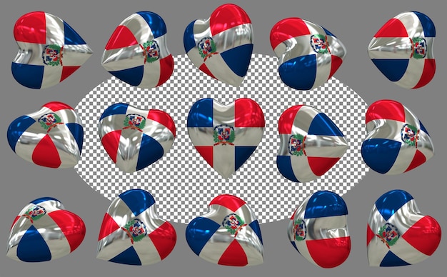 Dominikańska Republika 3D Flaga Serca Izolowana Różne Pozycje Rendering 3D