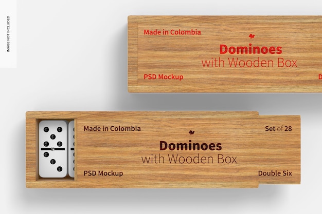 PSD domino con scatola di legno mockup, primo piano