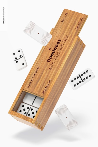 PSD dominoes with wooden box mockup, falling