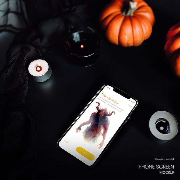 PSD donker realistisch smartphonemodel van een iphone 15 op een donkere halloween-achtergrond