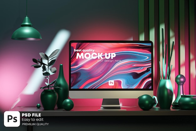 Donker roze groen abstracte geometrische computer desktop pc mockup sjabloon 3d render