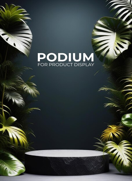 PSD donker stenen podium met bladeren mock-up voor productpresentatie