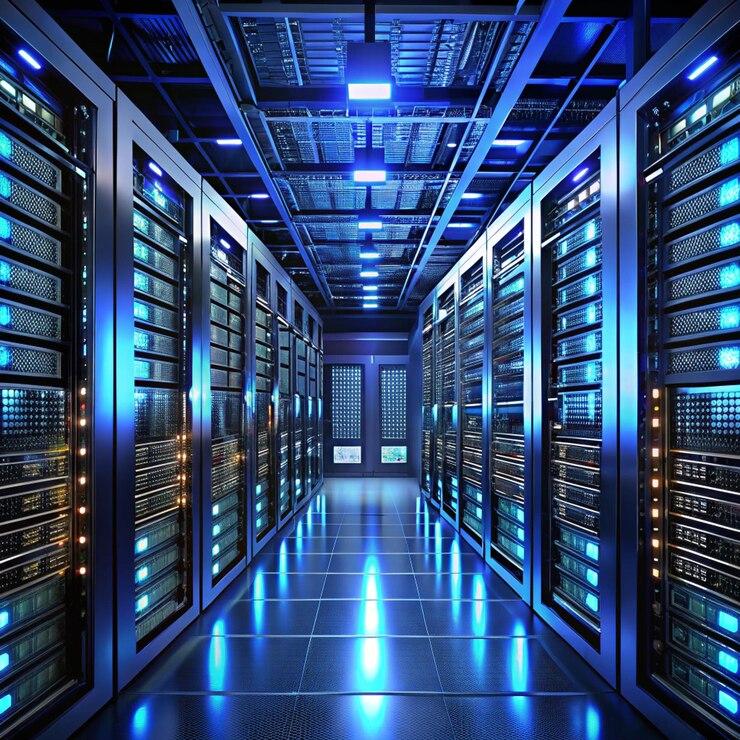PSD donkere servers middenkamer met computers en opslagsystemen