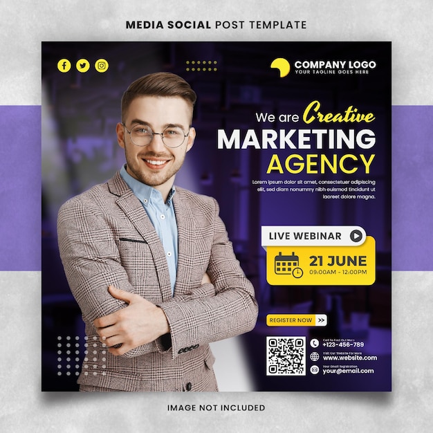 Donkergele creatieve marketingbureau media social post-sjabloon