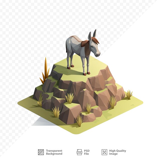 PSD a donkey on a mountain with a background of rocks and plants.