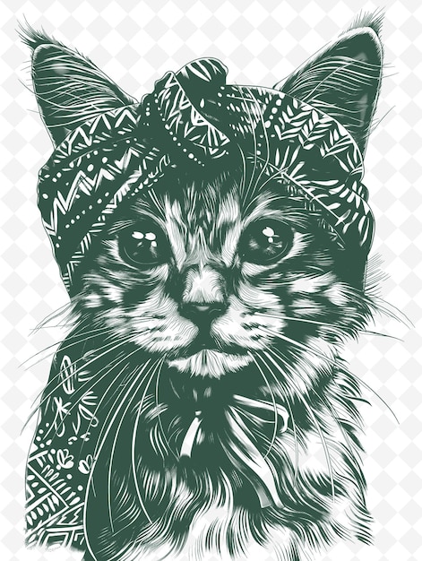 PSD Донский кот в головной повязке с богемным выражением по животные скетч арт векторные коллекции