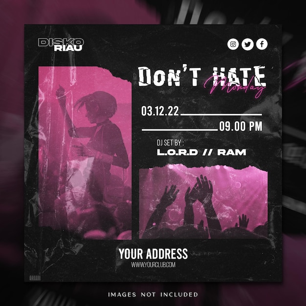 PSD dont hate monday club party poster for social media templates