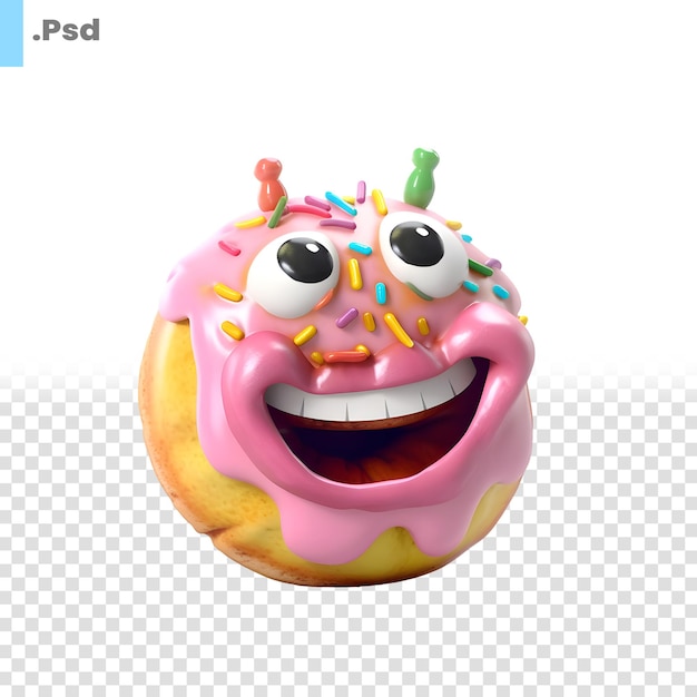 Donut with eyes and mouth on white background 3d illustration psd template