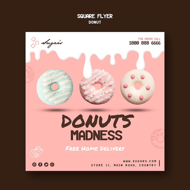 Donuts madness square flyer-sjabloon