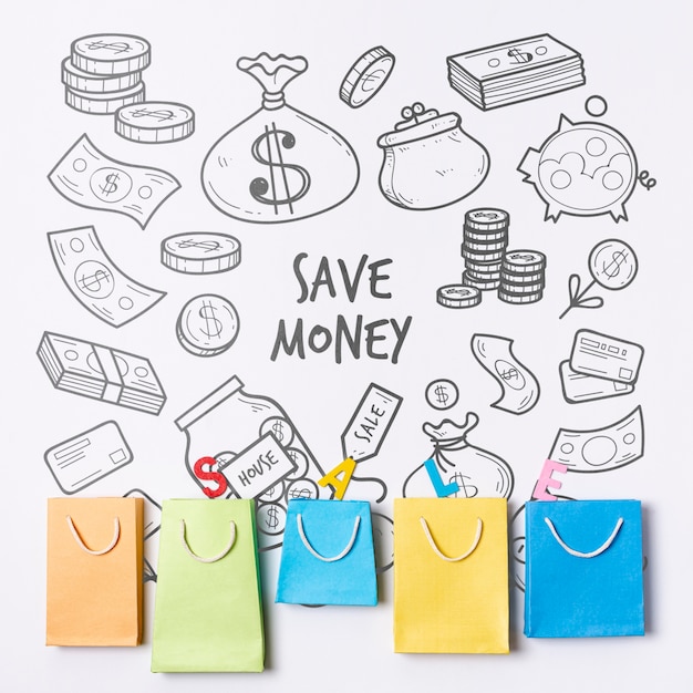 Doodle financial background with paper bags