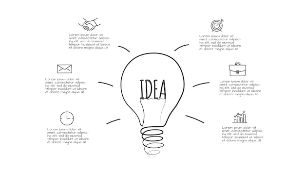 PSD doodle gloeilamp infographic met 6 opties hand getekende pictogrammen dunne lijn illustratie