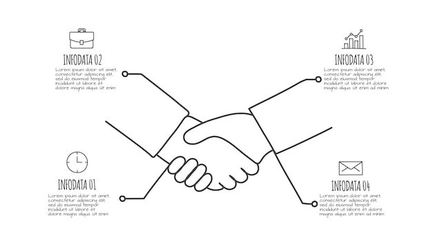 PSD doodle infografika uścisk dłoni z 4 opcjami ręcznie rysowane ikony ilustracja partnerstwa cienka linia
