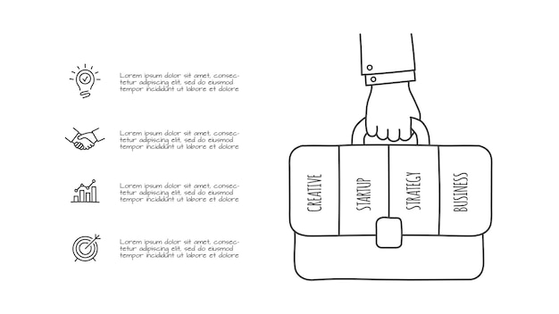 Doodle infographic hand met aktetas en 4 opties Hand getekende pictogrammen Dunne lijn bedrijfsillustratie