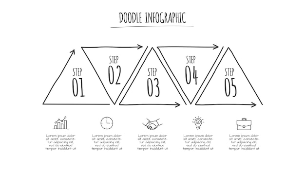 PSD doodle infographic triangle with 5 options hand drawn icons thin line illustration