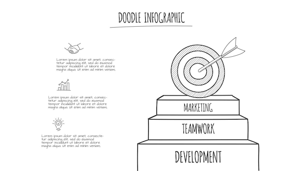 PSD infografica doodle con icone disegnate a mano con bersaglio e frecce illustrazione a linea sottile