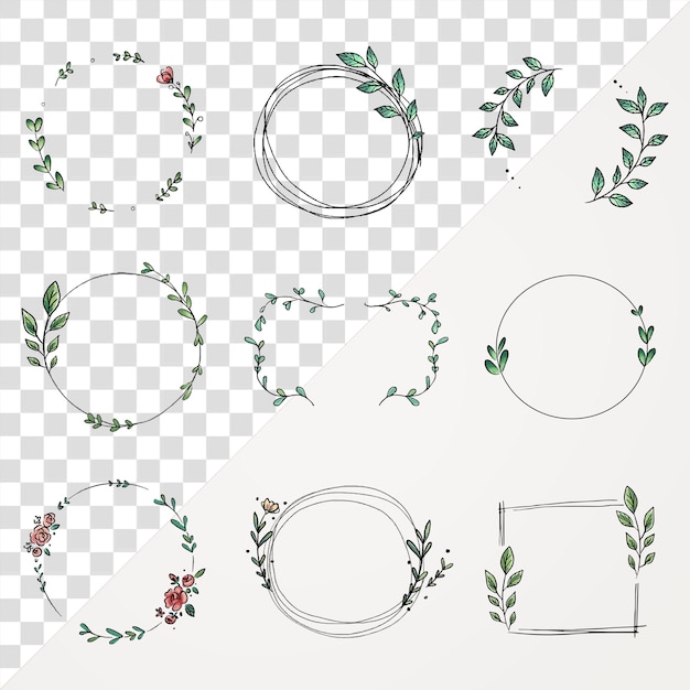 Doodle leaf frame png clipart uroczy zestaw ilustracji botanicznych