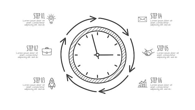 Инфографические часы с шестью вариантами, нарисованными вручную иконами, иллюстрацией тонкой линии