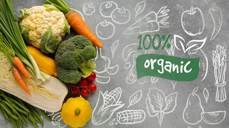 PSD doodle tło z organicznym tekstem i warzywami