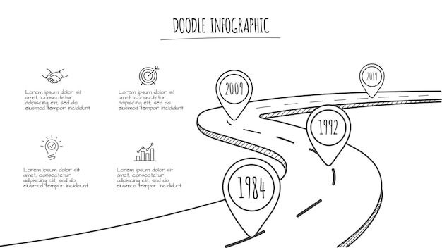 PSD doodle weg infografische elementen met 4 opties hand getekende iconen dunne lijn tijdlijn illustratie