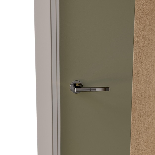 A door with a silver handle and a brown frame
