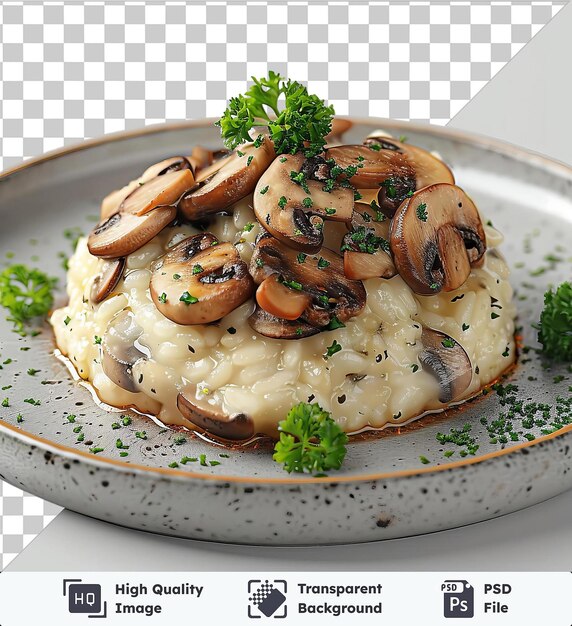 PSD doorzichtig object hartige paddenstoel risotto bedekt met verse broccoli en geserveerd op een wit bord
