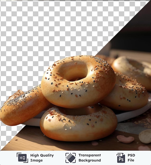 Doorzichtig object vers gebakken bagels, waaronder bruine en witte variëteiten, zitten op een houten tafel naast een witte beker met een rond gat zichtbaar op de achtergrond