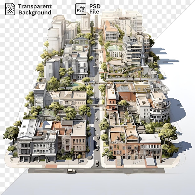 doorzichtige achtergrond realistische fotografische stedelijke planners stadsmodel met een wit gebouw en een groene boom met een donkere schaduw op de voorgrond