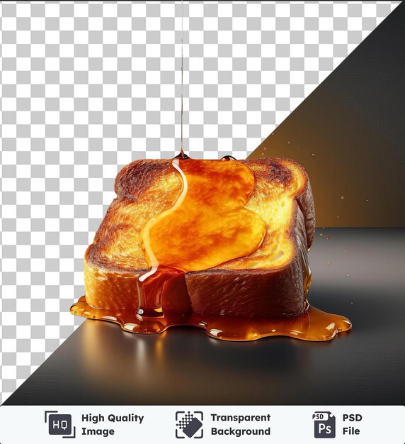 Doorzichtige psd-foto gouden honing toast op een glanzende tafel vergezeld van een witte kaars