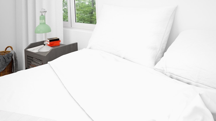PSD double bed with white pillows and sheets, closeup