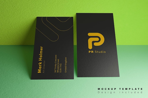 Double business card leaning against the wall mockup template