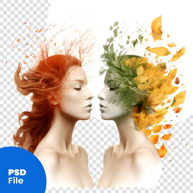 PSD double exposure of woman and man face combined with autumn leaves on white background psd template