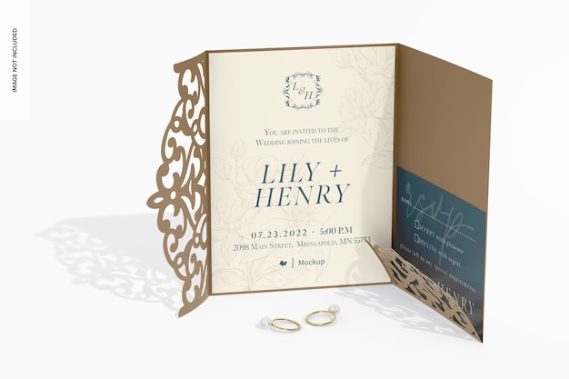 PSD double invitation card with die cut mockup opened