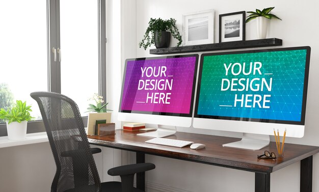 Double monitor desktop 3d rendering mockup