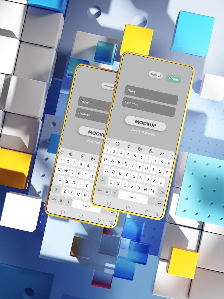PSD double screen template mockup smartphone abstract blue cubes 3d render