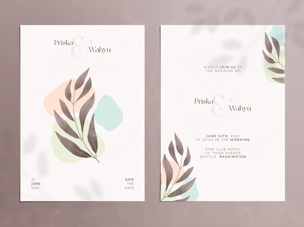 Double side aesthetic wedding invitation with brown leaves watercolor ornaments