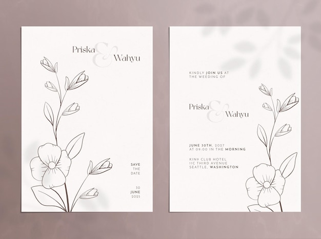 PSD double side aesthetic wedding invitation with outline flower watercolor ornaments