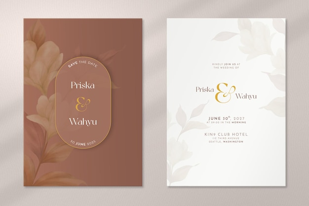 Double side brown wedding invitation with leaves ornaments