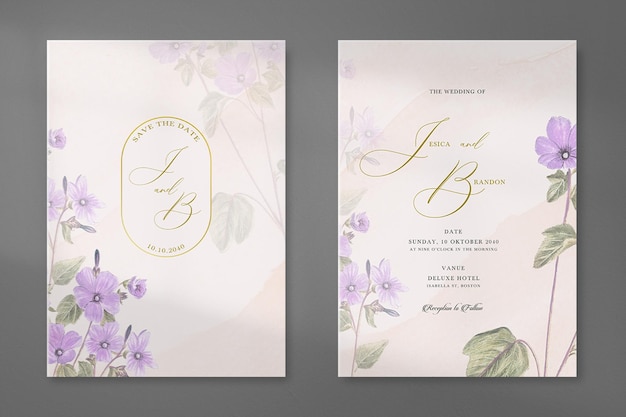 PSD double side modern and elegant watercolour wedding invitation with purple flower