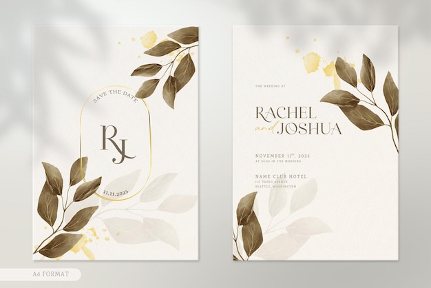 Double side modern wedding invitation template with brown leaves watercolor ornaments