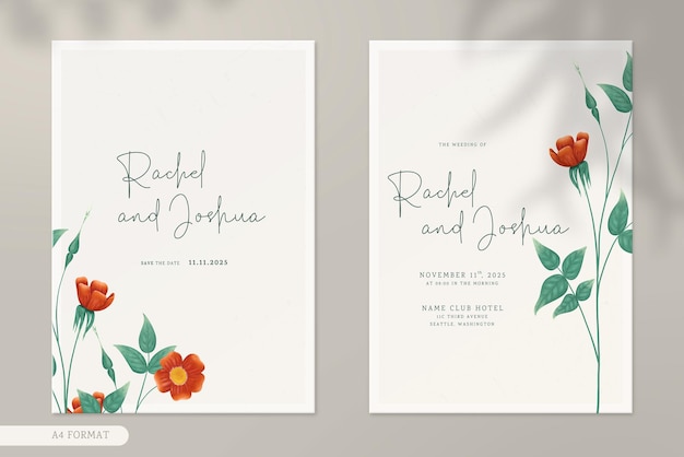 PSD double side modern wedding invitation template with flower watercolor ornaments