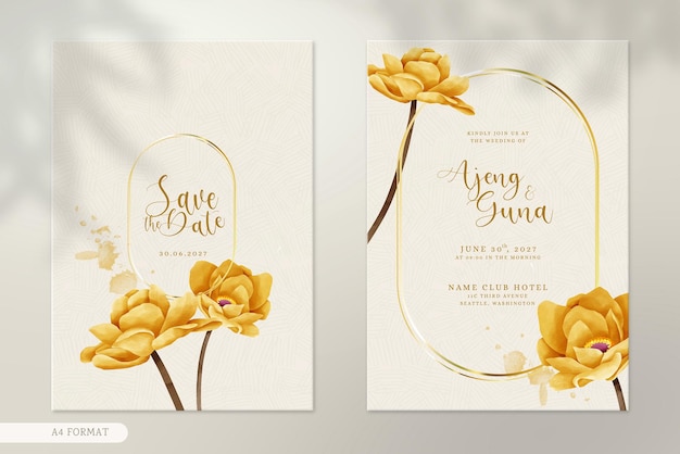 PSD double side modern wedding invitation template with vintage brown flower watercolor ornaments