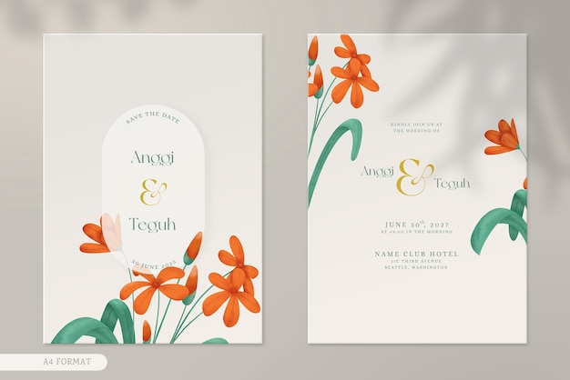 Double side modern wedding invitation template with vintage flower watercolor ornaments